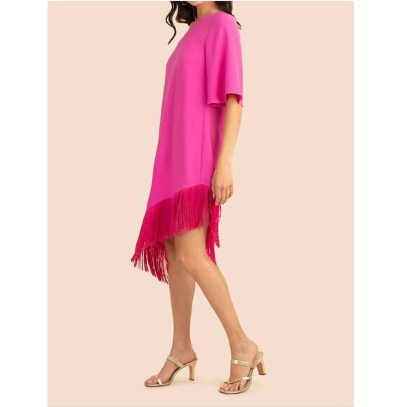 Trina Turk Gull Dress One Shoulder Mini Fringe Pink Snap Dragon Size Large - Picture 3 of 11